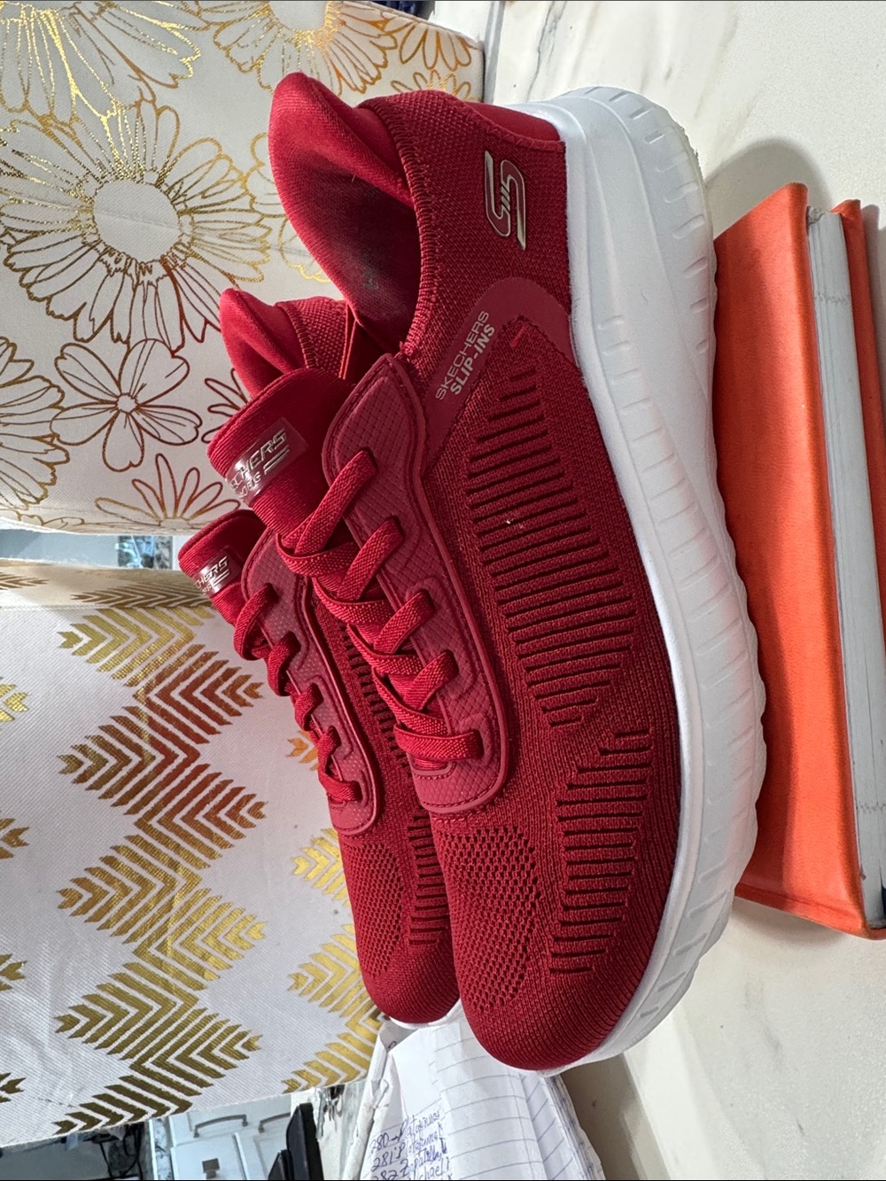 Skechers Red Knit Slip-On Sneakers with‎ White Sole Womens 8